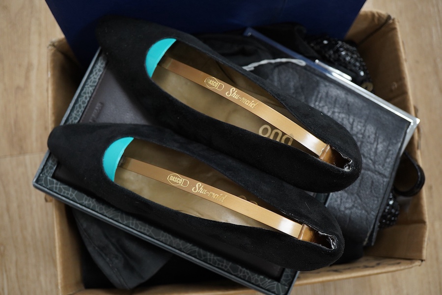 A pair of Duo lady's evening shoes and matching handbag together with a Swarovski diamanté decorated black suede and leather evening bag